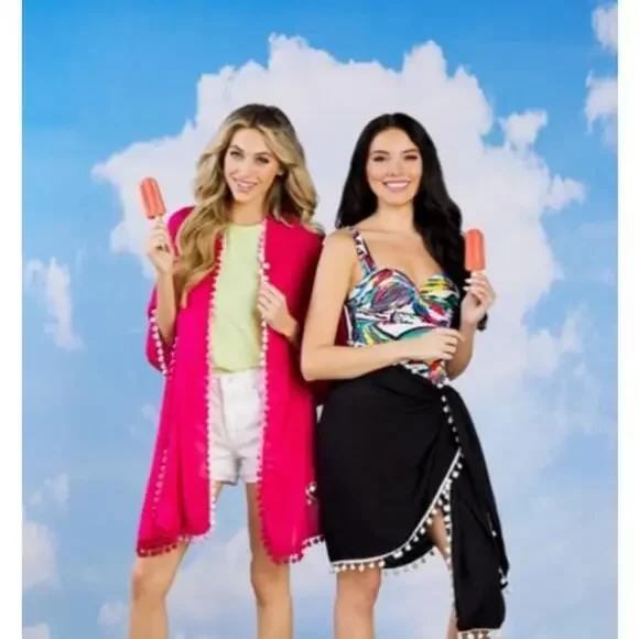 Mud Pie pink pom pom sarong beach cover up - Picture 2 of 8